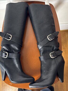 Rosegold Veronique Soft Black Leather Knee-High Boots 37 EU 6.5/7 US Biker rock